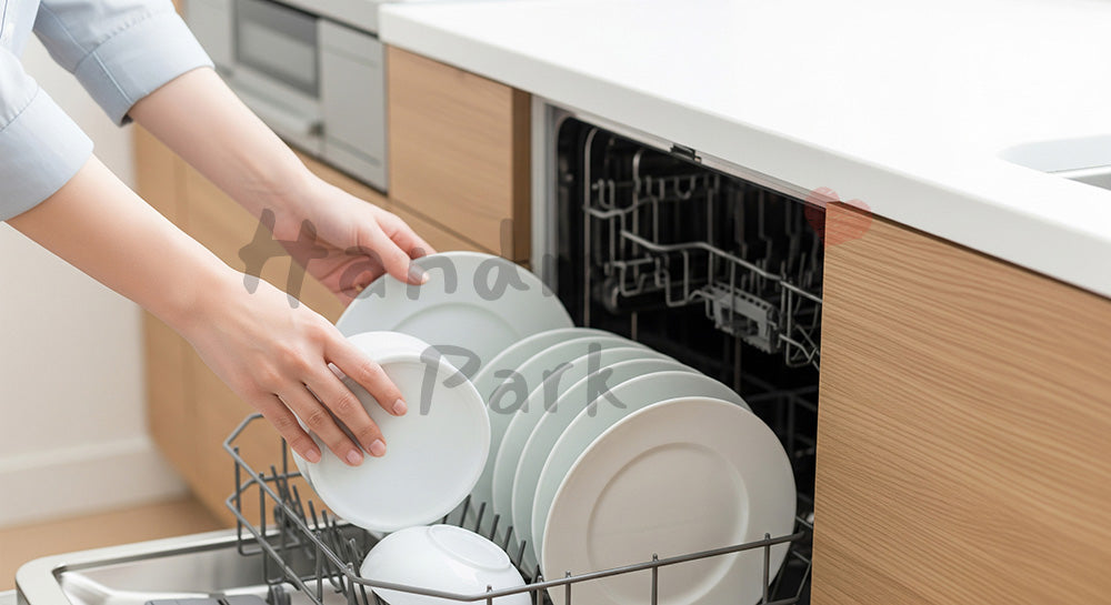 フリー素材 無料 写真｜木目×白の明るいキッチンで時短家事、ビルトイン食洗機に食器をセットする日本人主婦の手元