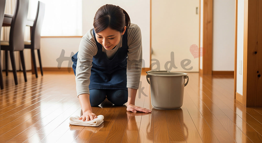 フリー素材 無料 写真｜背景素材フローリングを雑巾がけする日本人主婦の年末大掃除シーン 写真背景