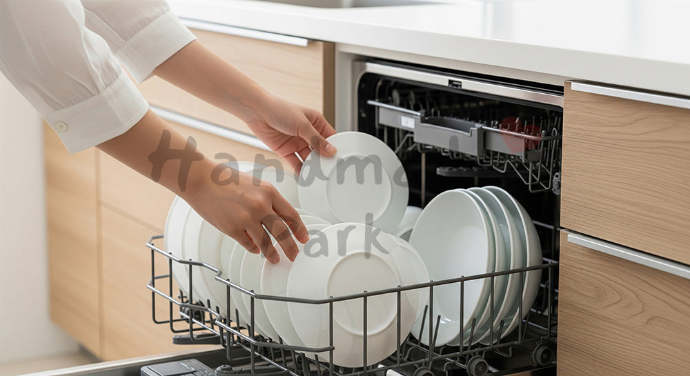 フリー素材 無料 写真｜ビルトイン食洗機に食器をセットする日本人主婦の手元、木目×白の明るいキッチンで時短家事 背景素材