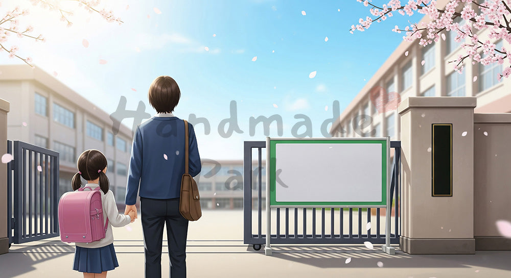 フリー素材 無料 写真｜一般化した学校ゲートと親子の後ろ姿、ぼかし看板と桜