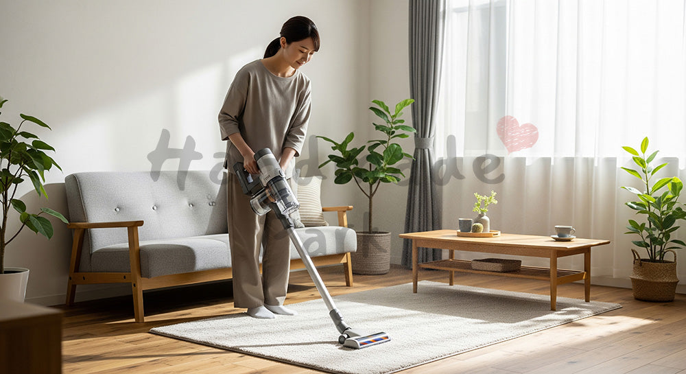 フリー素材 無料 写真｜背景素材明るいリビングでコードレス掃除機をかける日本人主婦の家事風景 写真背景