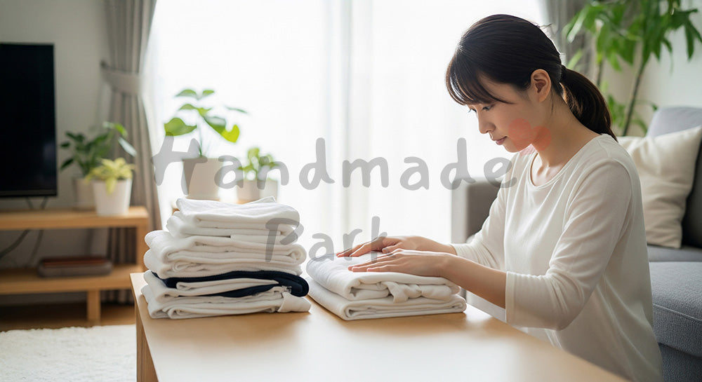 フリー素材 無料 写真｜リビングで洗濯物を丁寧にたたむ日本人主婦の暮らしのワンシーン 背景素材