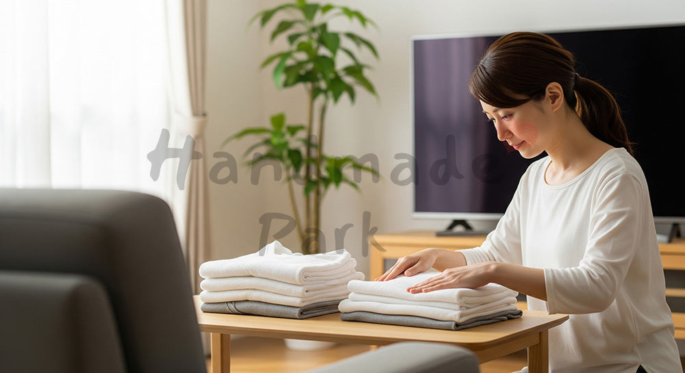フリー素材 無料 写真｜リビングで洗濯物を丁寧にたたむ日本人主婦の暮らしのワンシーン