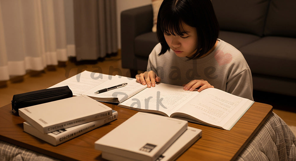 フリー素材 無料 写真｜こたつで勉強する日本人高校生の冬学習、無地教材で汎用性の高い受験シーズンの学習風景 背景素材