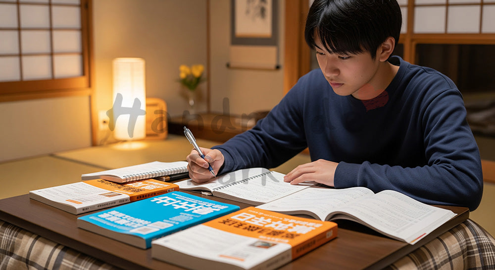 フリー素材 無料 写真｜こたつで勉強する日本人高校生の冬学習無地教材で汎用性の高い受験シーズンの学習風景