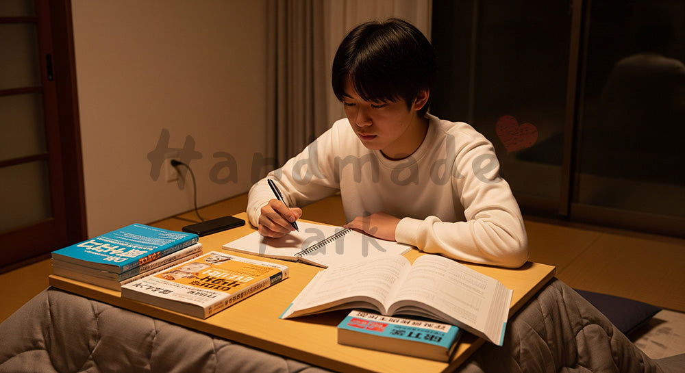 フリー素材 無料 写真｜無地教材で汎用性の高い受験シーズンの学習風景のあるこたつで勉強する日本人高校生の冬学習