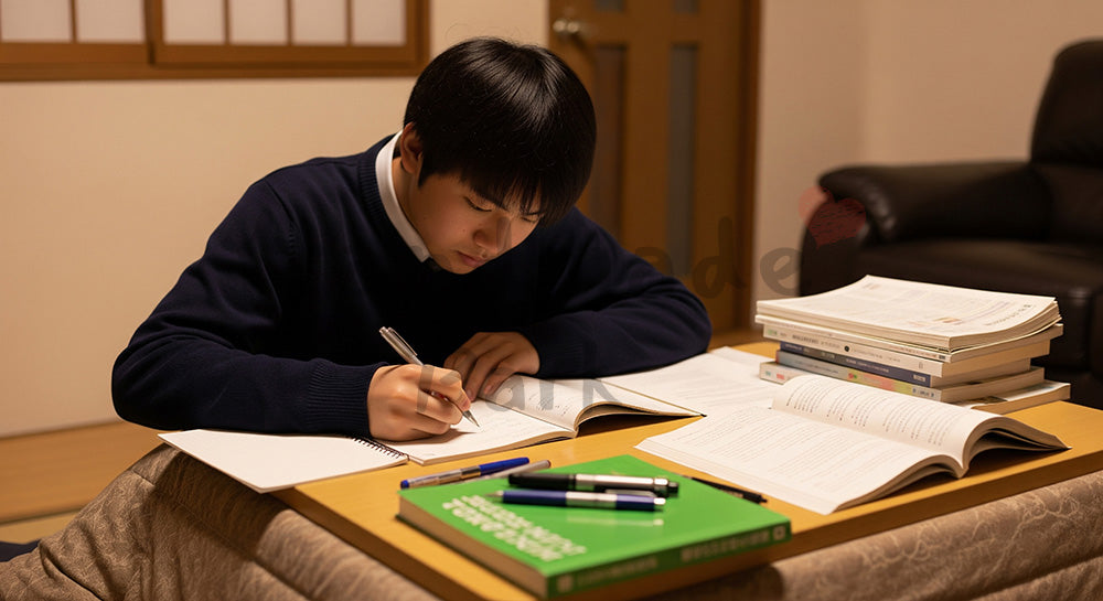 フリー素材 無料 写真｜こたつで勉強する日本人高校生の冬学習、無地教材で汎用性の高い受験シーズンの学習風景