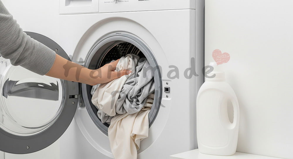 フリー素材 無料 写真｜洗濯機に洗濯物を入れる日本人主婦の手元無地ボトルで情報ノイズのない洗濯シーン