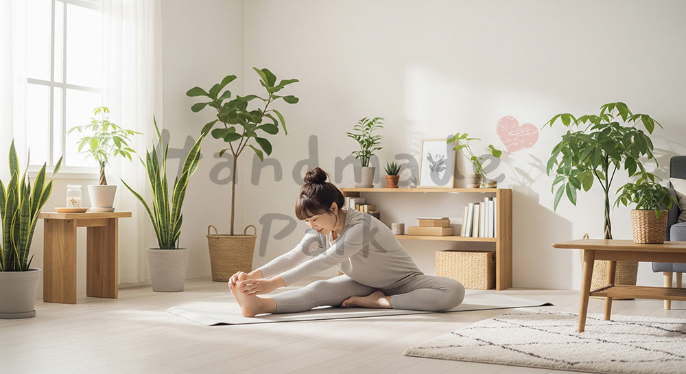 フリー素材 無料 写真｜背景素材北欧風リビングでストレッチをする日本人女性、在宅フィットネスに適したやさしい室内シーン 写真背景