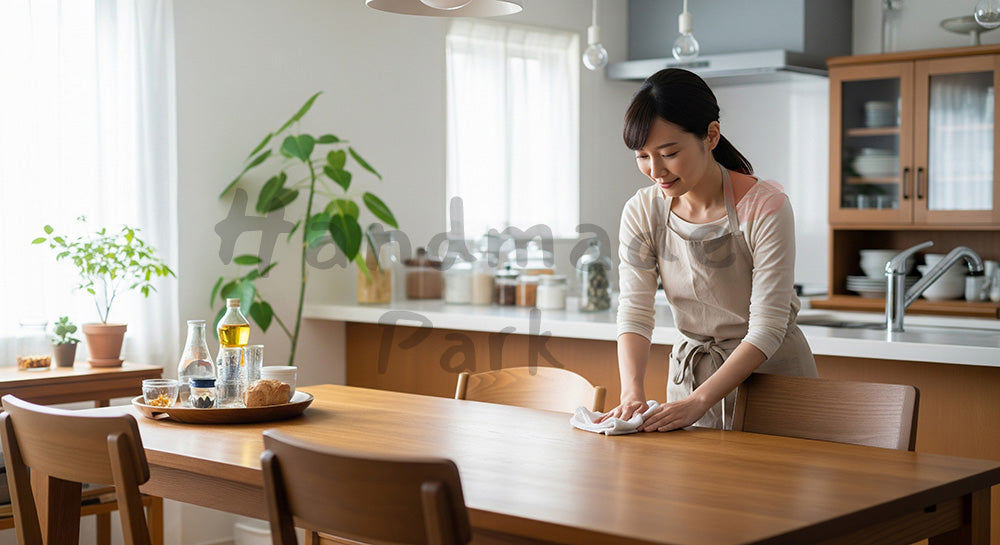 フリー素材 無料 写真｜朝のダイニングで木目テーブルを拭き掃除する日本人主婦の日常シーン 背景素材
