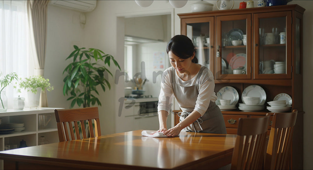 フリー素材 無料 写真｜朝のダイニングで木目テーブルを拭き掃除する日本人主婦の日常シーン