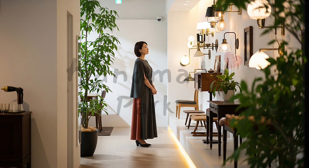 フリー素材 無料 写真｜背景素材インテリアショップで家具や照明を静かに眺める日本人女性、穏やかな店内トーンで暮らし提案を伝える一枚 写真背景