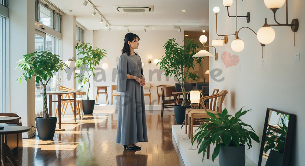 フリー素材 無料 写真｜インテリアショップで家具や照明を静かに眺める日本人女性、穏やかな店内トーンで暮らし提案を伝える一枚 背景素材