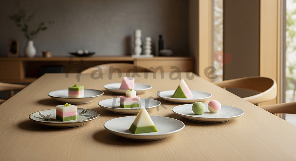 フリー素材 無料 写真｜背景素材白木テーブルに菱餅風デザート、小皿の上品な配置 写真背景