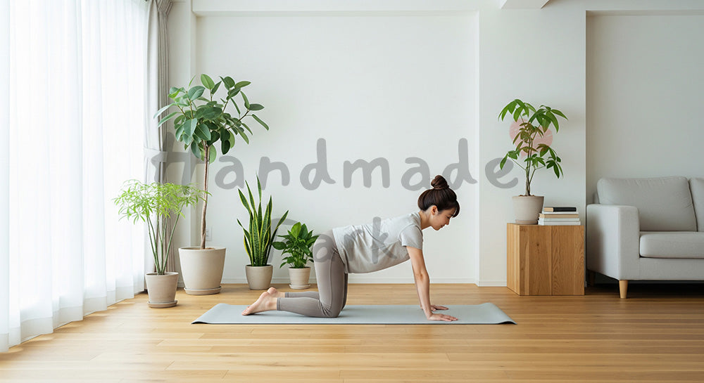 フリー素材 無料 写真｜北欧風リビングでストレッチをする日本人女性、在宅フィットネスに適したやさしい室内シーン