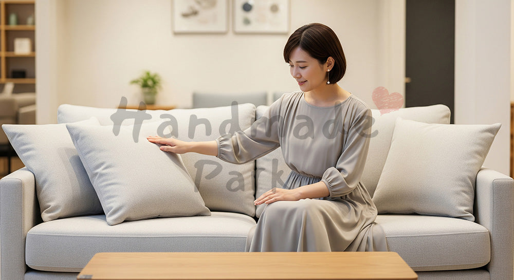 フリー素材 無料 写真｜インテリアショップで無地ソファの座り心地を確かめる日本人女性、ニュートラルトーンの店内で上品に暮らしをイメージ 背景素材