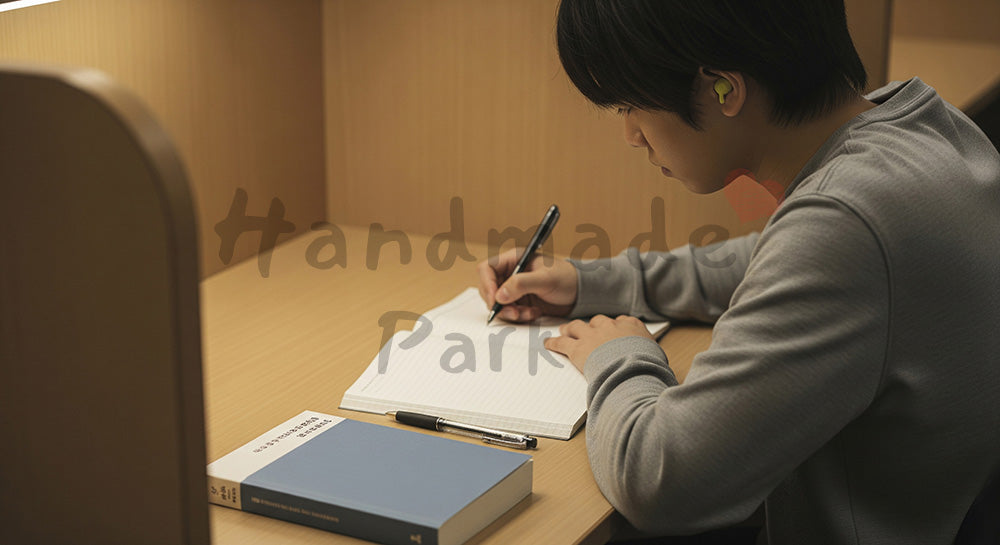 フリー素材 無料 写真｜落ち着いた色調で集中を描く冬の学習シーンのある図書館の自習席で勉強する日本人受験生