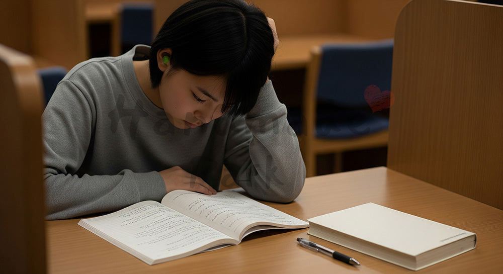 フリー素材 無料 写真｜図書館の自習席で勉強する日本人受験生、控えめな色調で集中を描く冬の学習シーン