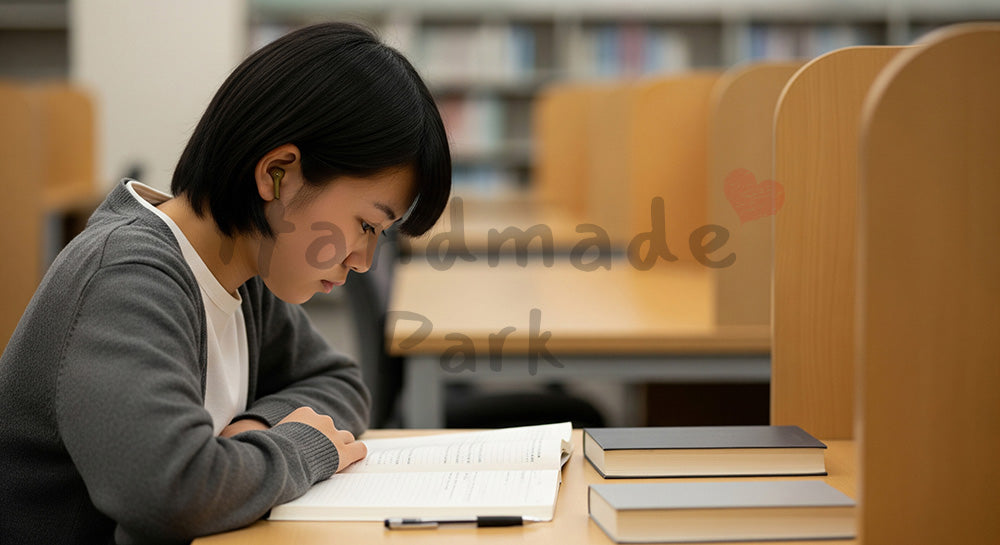 フリー素材 無料 写真｜図書館の自習席で勉強する日本人受験生、穏やかな色調で集中を描く冬の学習シーン