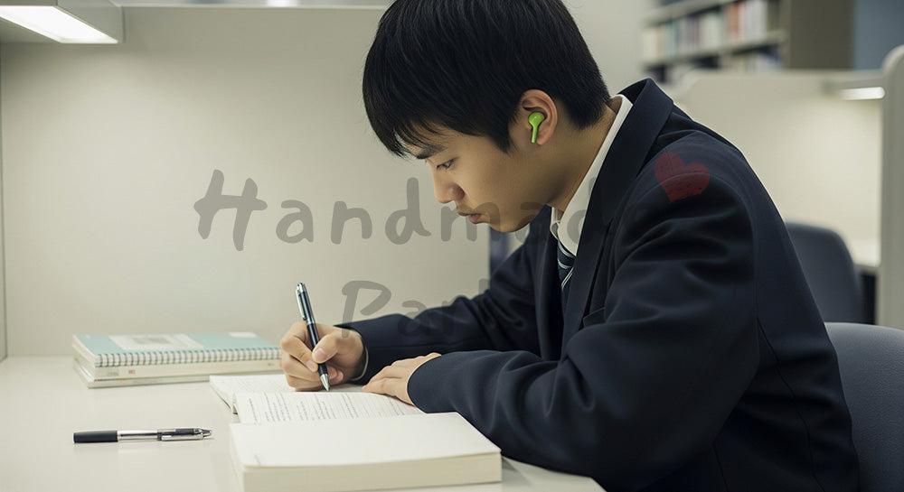 フリー素材 無料 写真｜図書館の自習席で勉強する日本人受験生、落ち着いた色調で集中を描く冬の学習シーン