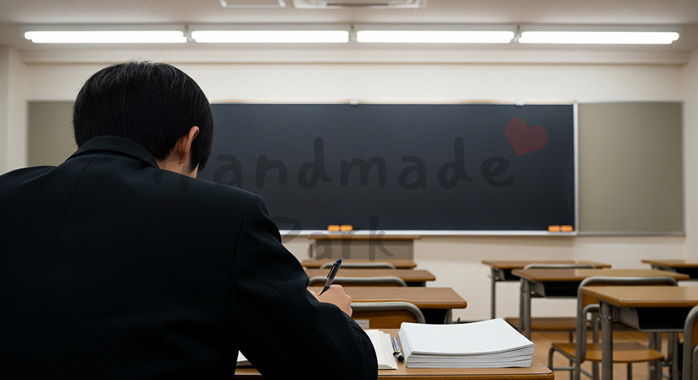 フリー素材 無料 写真｜予備校の一般教室でノートを取る日本人高校生の後ろ姿、均一な光で学習の基本を押さえた冬の受験風景 背景素材