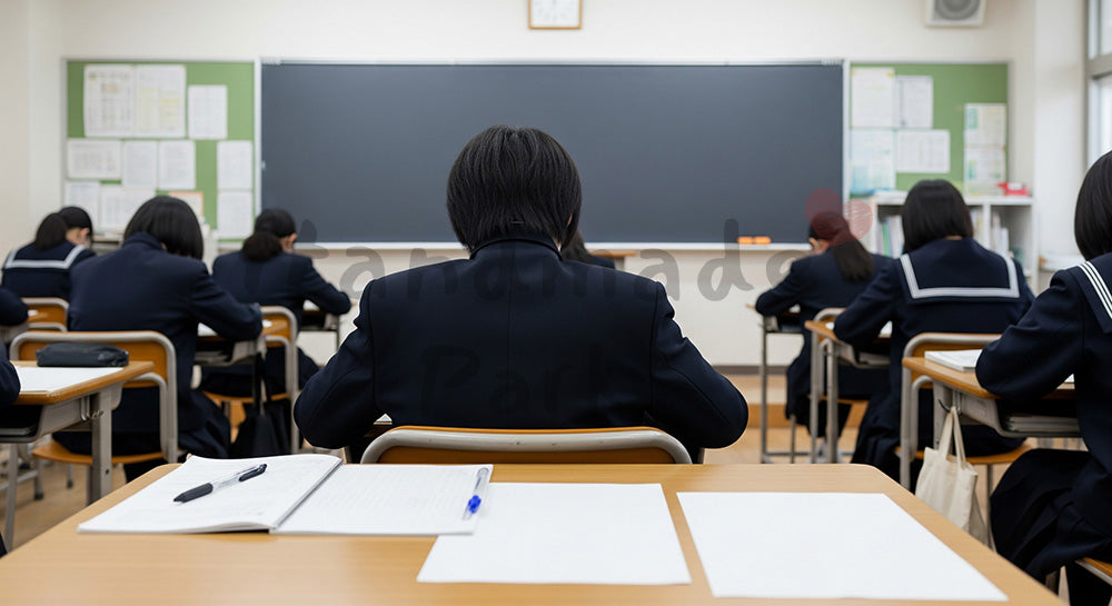 フリー素材 無料 写真｜均一な光で学習の基本を押さえた冬の受験風景のある予備校の一般教室でノートを取る日本人高校生の後ろ姿