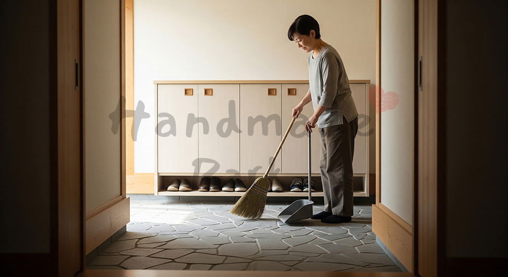 フリー素材 無料 写真｜背景素材玄関土間をほうきで掃く日本人主婦、石タイルと自然光で清潔なエントランス掃除 写真背景