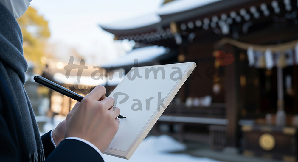 フリー素材 無料 写真｜神社で無地の絵馬に願いを書く日本人受験生の手元、澄んだ冬空気とともに合格祈願の瞬間を切り取る 背景素材
