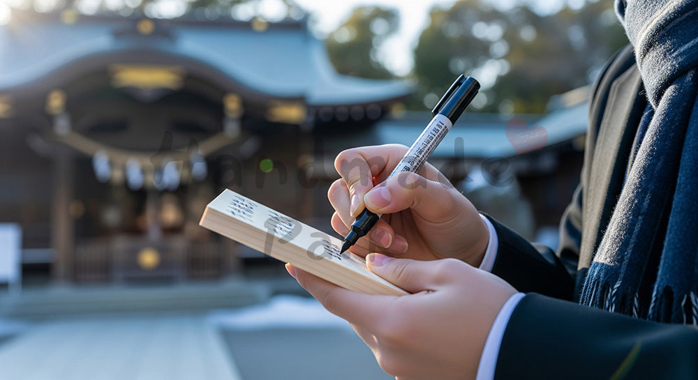 フリー素材 無料 写真｜神社で無地の絵馬に願いを書く日本人受験生の手元澄んだ冬空気とともに合格祈願の瞬間を切り取る
