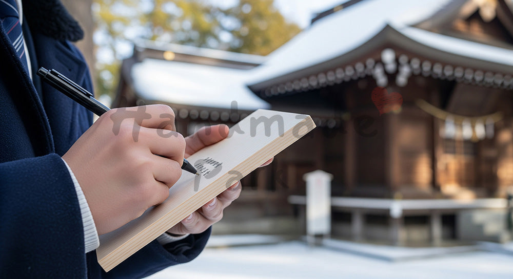 フリー素材 無料 写真｜澄んだ冬空気とともに合格祈願の瞬間を切り取るのある神社で無地の絵馬に願いを書く日本人受験生の手元