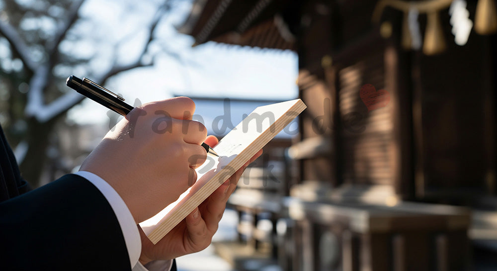 フリー素材 無料 写真｜神社で無地の絵馬に願いを書く日本人受験生の手元、澄んだ冬空気とともに合格祈願の瞬間を切り取る