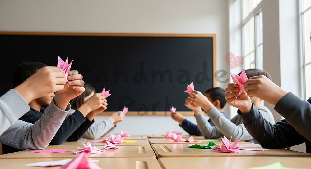 フリー素材 無料 写真｜教室で折り紙の桃の花を作る手元、黒板無地で匿名性