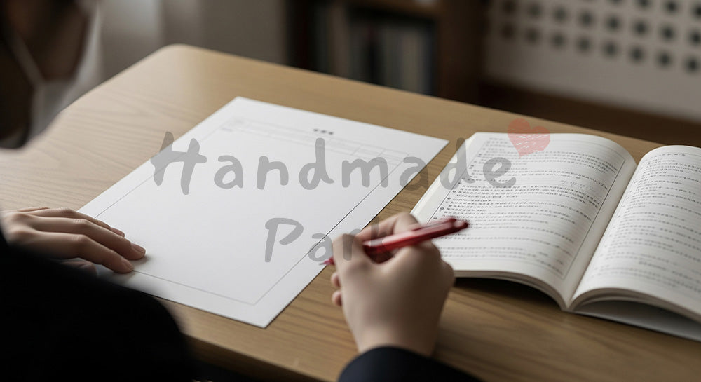 フリー素材 無料 写真｜赤ペンで自己分析する家庭学習のリアルな冬勉強、無地のプリントで模試結果を振り返る日本人高校生