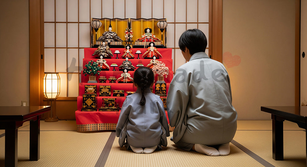 フリー素材 無料 写真｜背景素材雛飾りを眺める日本人親子の後ろ姿、無地の和装で匿名的に 写真背景