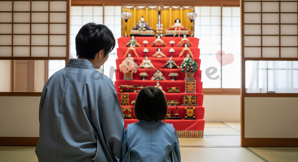 フリー素材 無料 写真｜雛飾りを眺める日本人親子の後ろ姿、無地の和装で匿名的に 背景素材