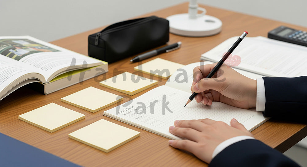 フリー素材 無料 写真｜無地カレンダーに学習計画を書き込む日本人受験生の手元、整然とした配置で計画性を可視化する冬の家庭学習 背景素材