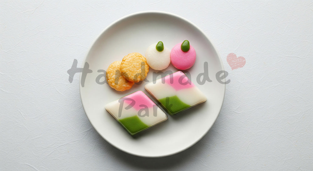 フリー素材 無料 写真｜和紙風の無地バックグラウンド、ひなあられと菱餅のフラットレイ