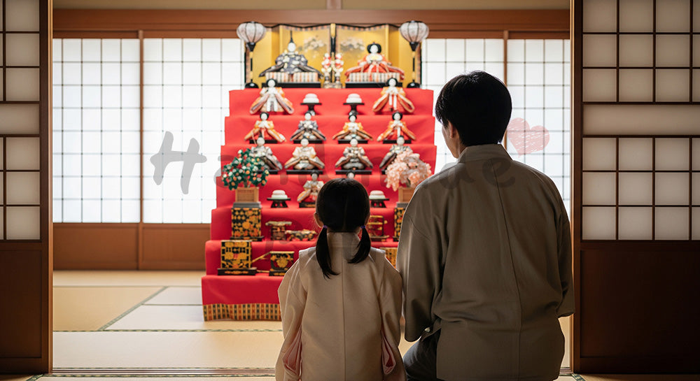 フリー素材 無料 写真｜雛飾りを眺める日本人親子の後ろ姿、無地の和装で匿名的に