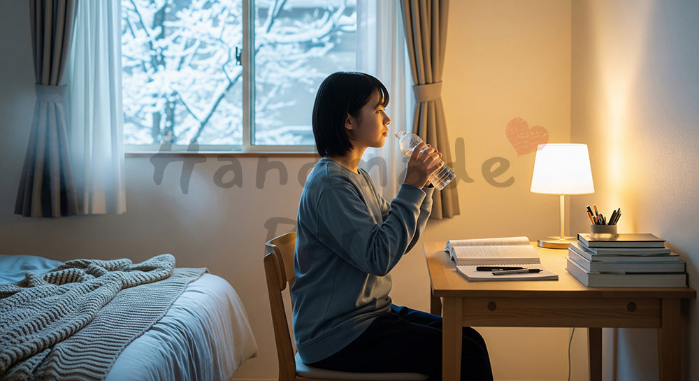 フリー素材 無料 写真｜加湿器と温湿度計で環境を整える日本人受験生の就寝前ルーティン清潔感ある冬の健康管理