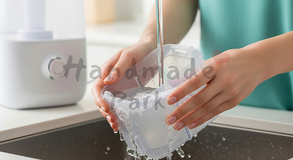 フリー素材 無料 写真｜背景素材加湿器タンクを水洗いする日本人主婦の手元、無地本体で衛生管理を伝える家電メンテ 写真背景