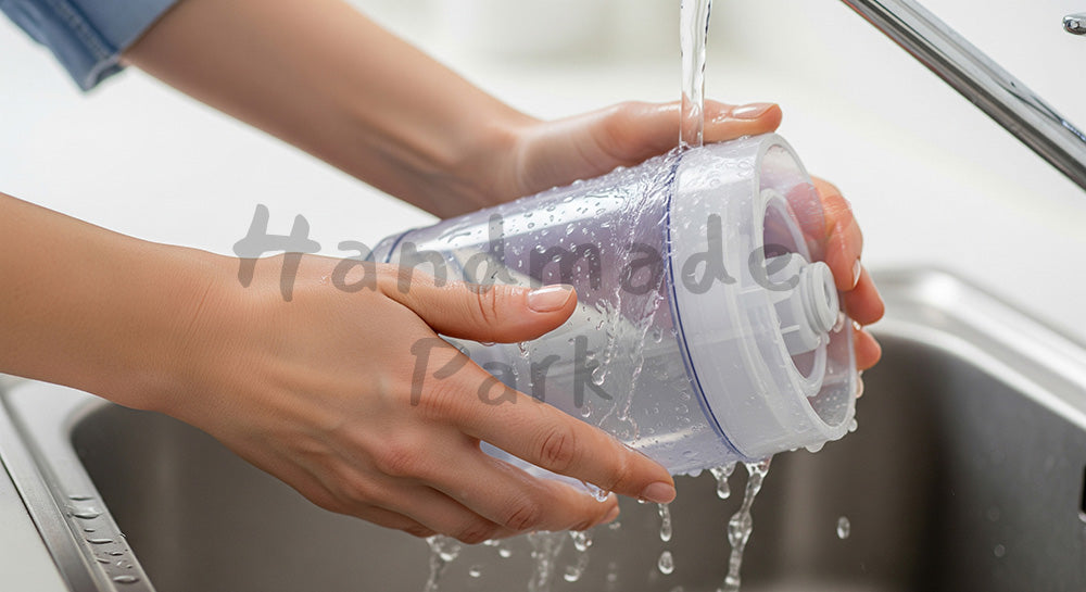 フリー素材 無料 写真｜加湿器タンクを水洗いする日本人主婦の手元、無地本体で衛生管理を伝える家電メンテ