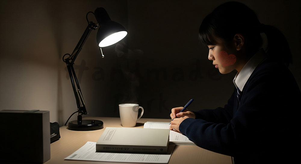 フリー素材 無料 写真｜デスクライトの下でノートに向かう日本人受験生の深夜学習、静かな夜に集中が続く冬の追い込み