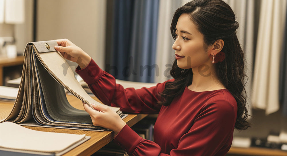 フリー素材 無料 写真｜インテリアショップで無地の生地サンプルを手に取る日本人女性色味と質感を丁寧に確認する選定シーン