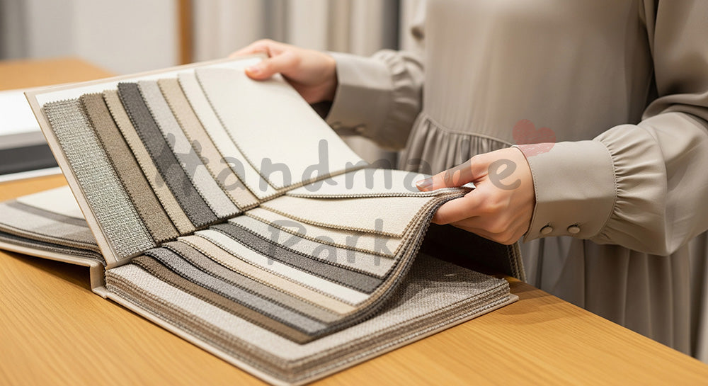 フリー素材 無料 写真｜色味と質感を丁寧に確認する選定シーンのあるインテリアショップで無地の生地サンプルを手に取る日本人女性