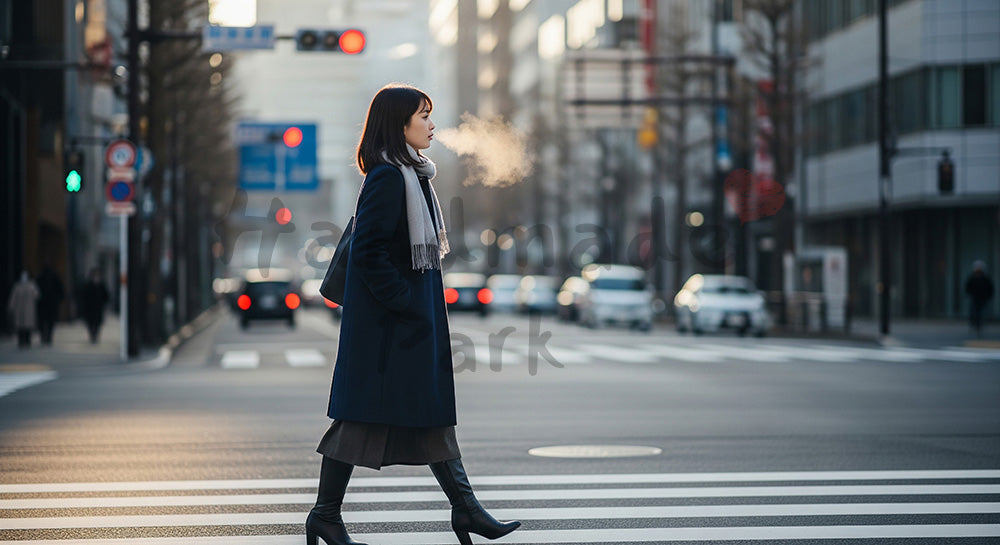 フリー素材 無料 写真｜都心の横断歩道を歩く日本人女性の冬ファッション、非著名な街並みで洗練を伝えるスナップ 背景素材