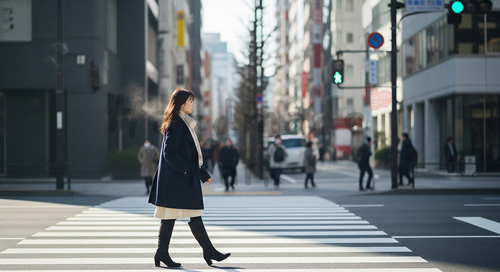 フリー素材 無料 写真｜非著名な街並みで洗練を伝えるスナップのある都心の横断歩道を歩く日本人女性の冬ファッション