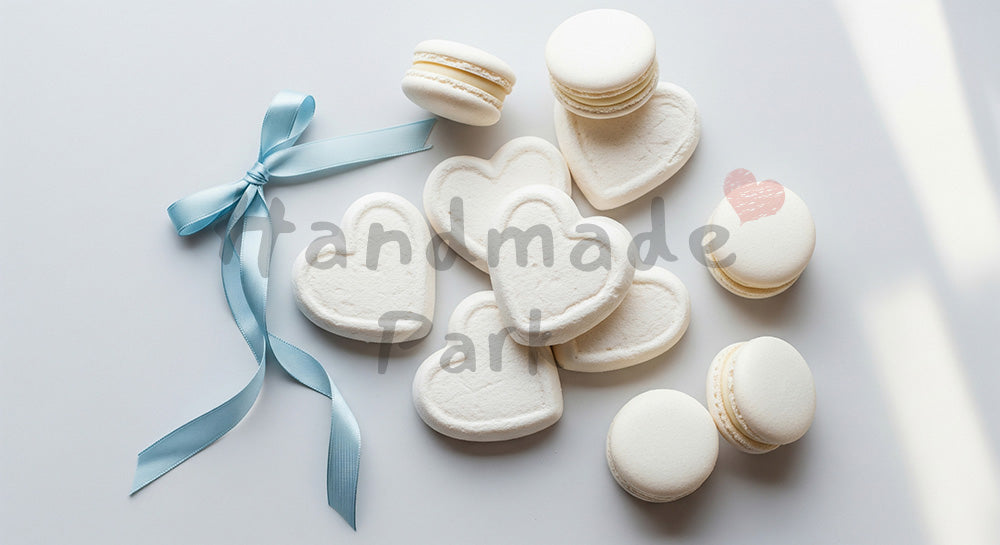 フリー素材 無料 写真｜背景素材ハート形メレンゲと白マカロンの上品フラットレイ、淡青リボン 写真背景