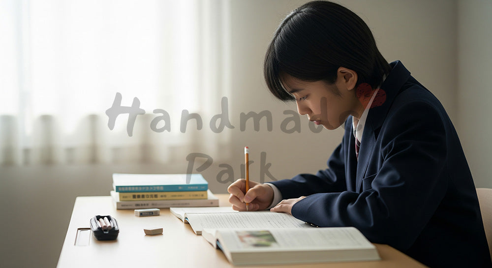 フリー素材 無料 写真｜受験勉強に集中する日本人高校生、自然光と整理された机で学習の基本を捉えた室内シーン 背景素材