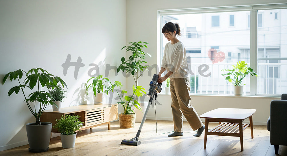 フリー素材 無料 写真｜白壁と木製フロアで清潔感ある日常掃除、リビングでコードレス掃除機をかける20代日本人主婦