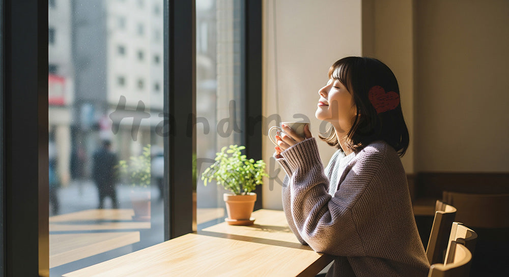 フリー素材 無料 写真｜窓辺のカフェで日本人女性が休息、ロゴなしマグカップとやさしい光でまとめた日常のくつろぎ 背景素材